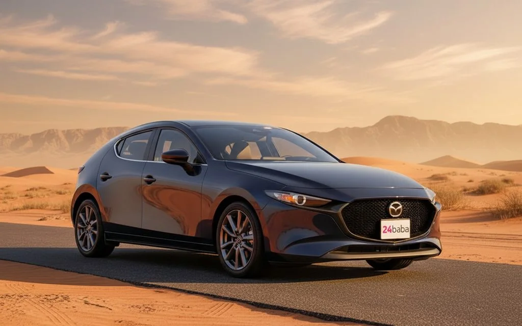 Mazda 3 2024 Blue front view with headlights – rental in Dubai