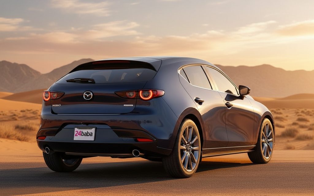 Mazda 3 2024 Blue rear view showing taillights – rental in Dubai