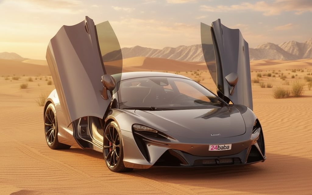 Mclaren Artura 2024 Grey front view with headlights – rental in Dubai