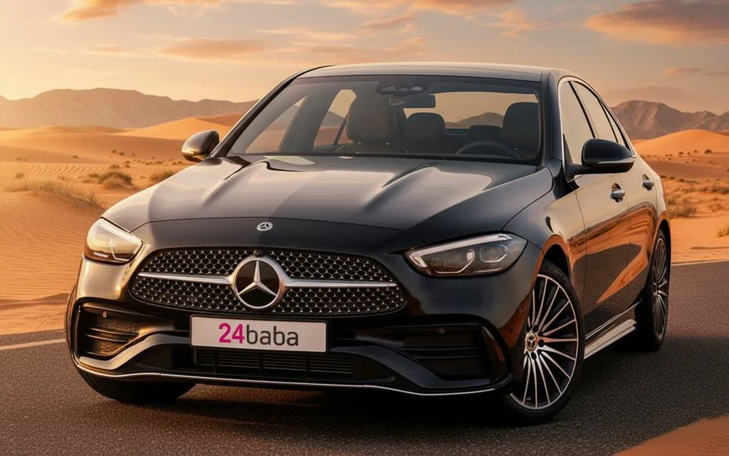 Mercedes C200 2025 Black front view with headlights