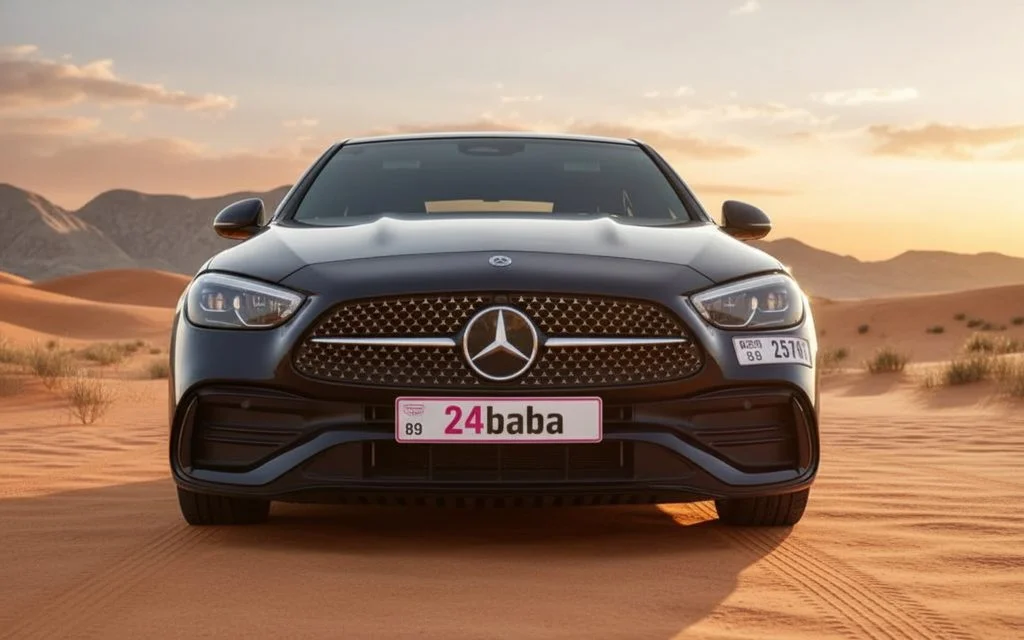 Mercedes C300 2023 Black front view with headlights – rental in Dubai