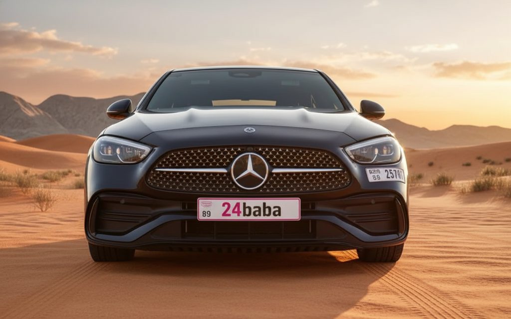 Mercedes C300 2023 Black front view with headlights – rental in Dubai