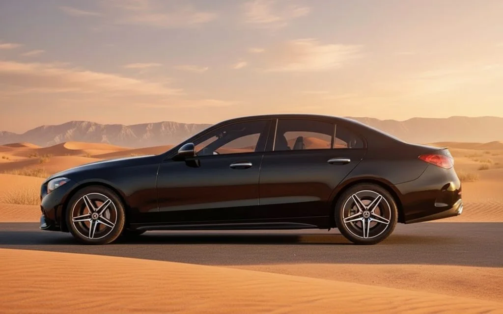Mercedes C300 2023 Black side profile – rental in Dubai