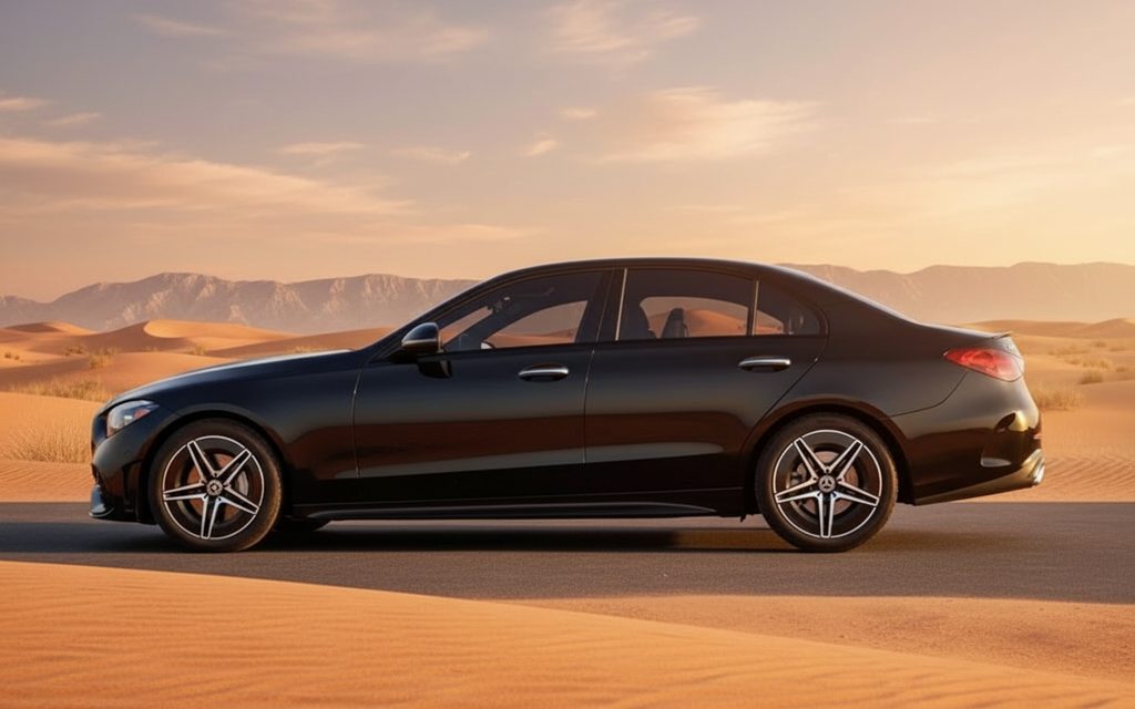 Mercedes C300 2023 Black side profile – rental in Dubai