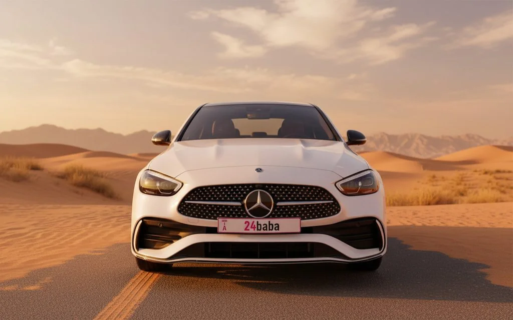 Mercedes C300 2023 White front view with headlights