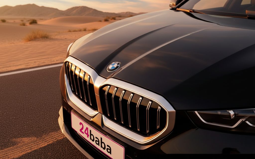 Bmw 520 2023 Black front view with headlights – rental in Dubai
