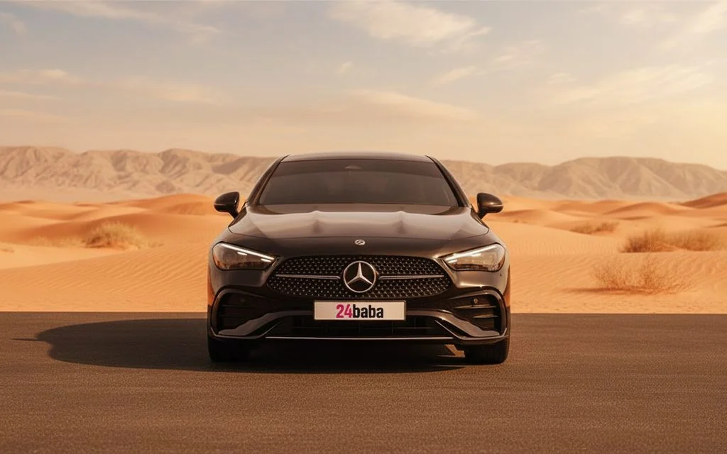 Mercedes Cle200 2024 Black front view with headlights – rental in Dubai
