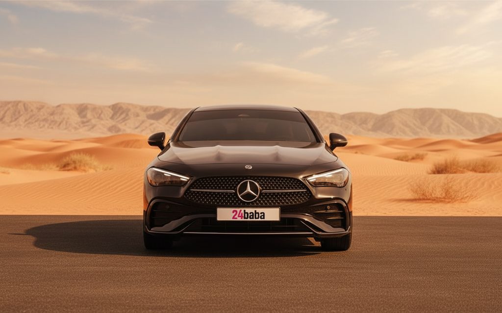 Mercedes Cle200 2024 Black front view with headlights – rental in Dubai