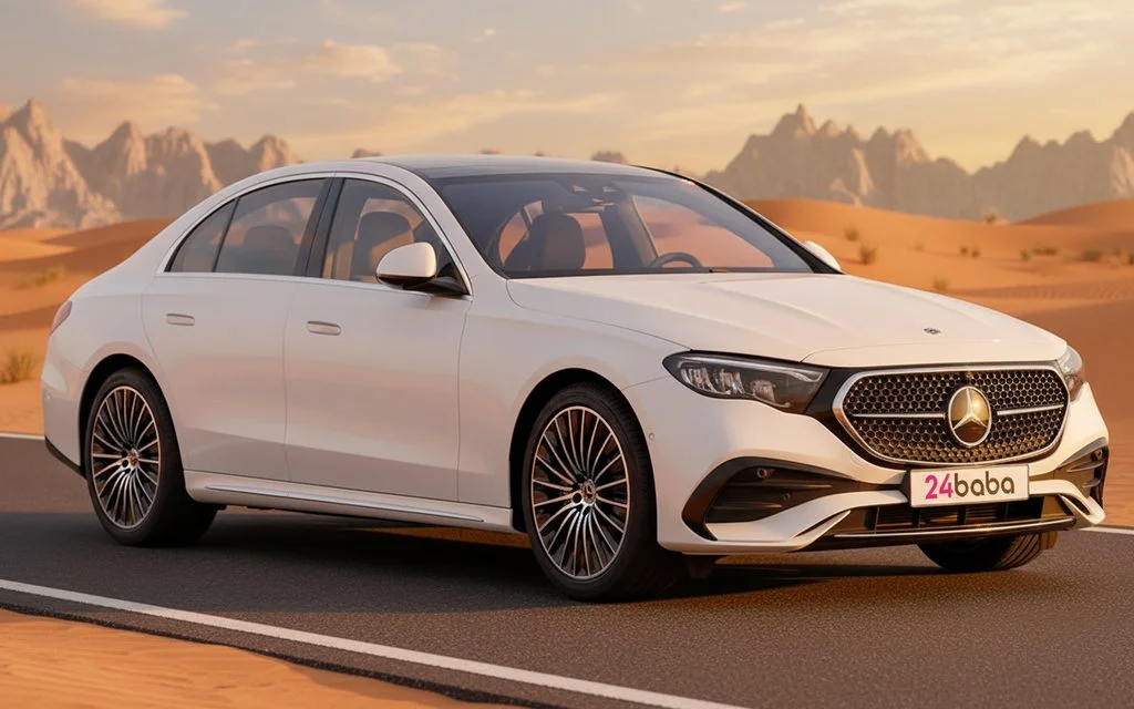 Mercedes E200 2025 White front view with headlights – rental in Dubai