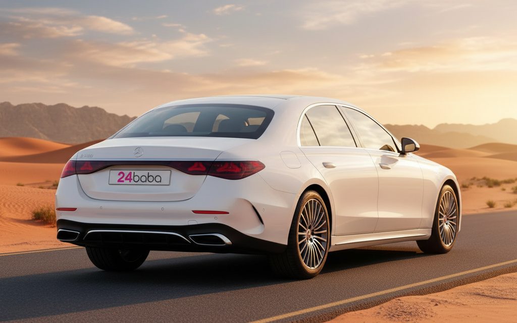 Mercedes E200 2025 White rear view showing taillights – rental in Dubai