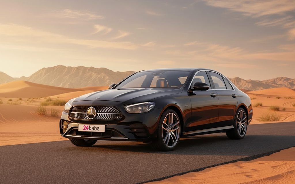 Mercedes E300 2022 Black side profile – rental in Dubai