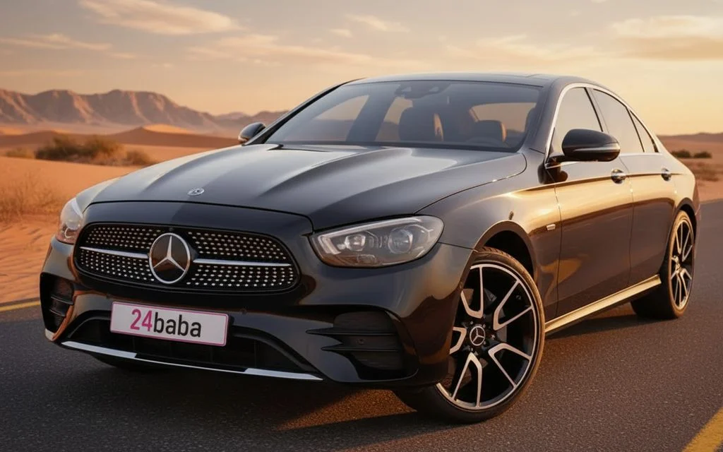 Mercedes E300 2022 Black front view with headlights – rental in Dubai
