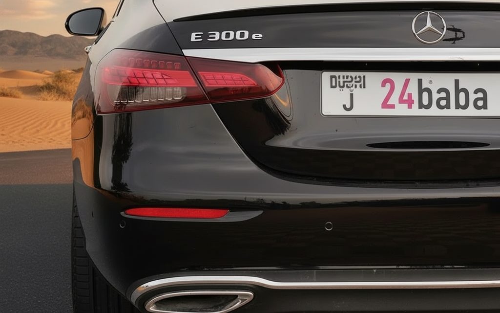 Mercedes E300 2022 Black rear view showing taillights – rental in Dubai