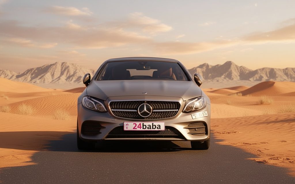 Mercedes E450 2020 Grey front view with headlights – rental in Dubai