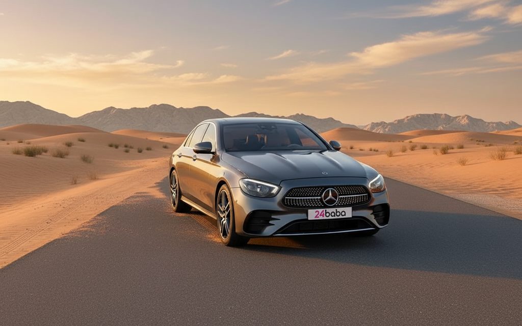 Mercedes E450 2021 Grey front view with headlights – rental in Dubai