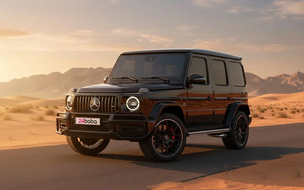Mercedes G63 2022 Black front view with headlights – rental in Dubai