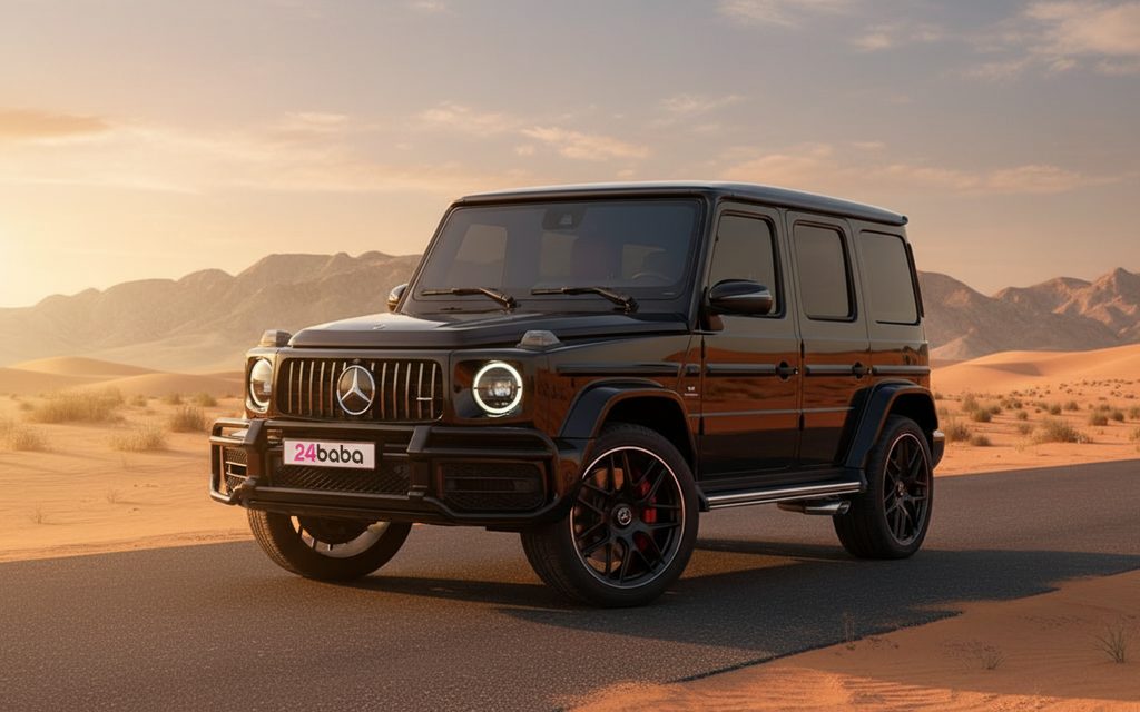 Mercedes G63 2022 Black front view with headlights – rental in Dubai