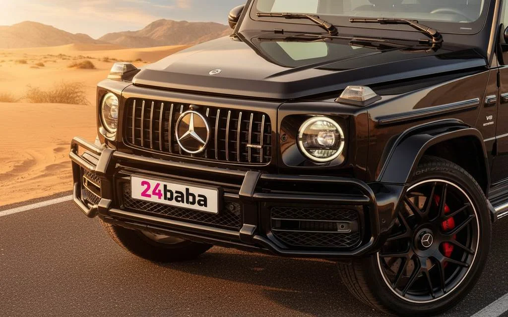 Mercedes G63 2022 Black front view with headlights – rental in Dubai