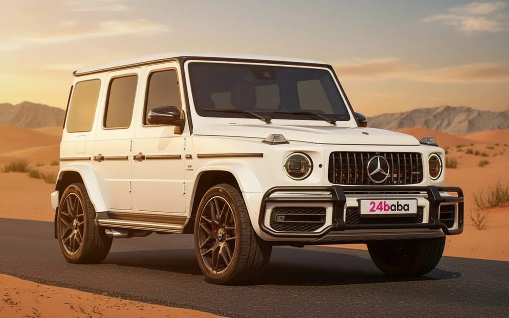 Mercedes G63 2022 Black front view with headlights – rental in Dubai