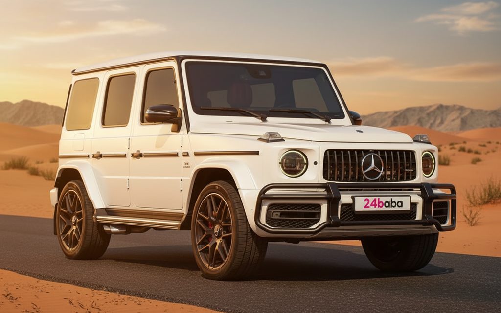 Mercedes G63 2022 Black front view with headlights – rental in Dubai