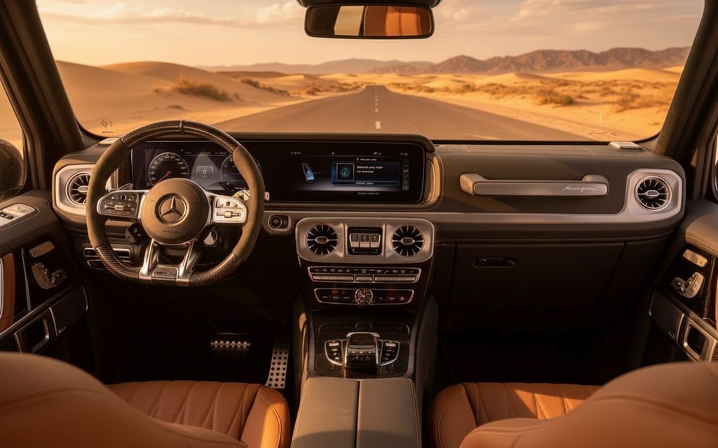 Mercedes G63 2024 interior view showing trim – rental in Dubai