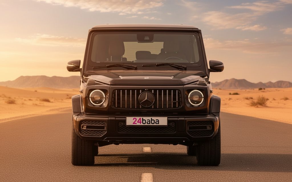Mercedes G63 2024 Black front view with headlights – rental in Dubai
