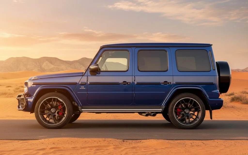 Mercedes G63 2022 Blue side profile – rental in Dubai