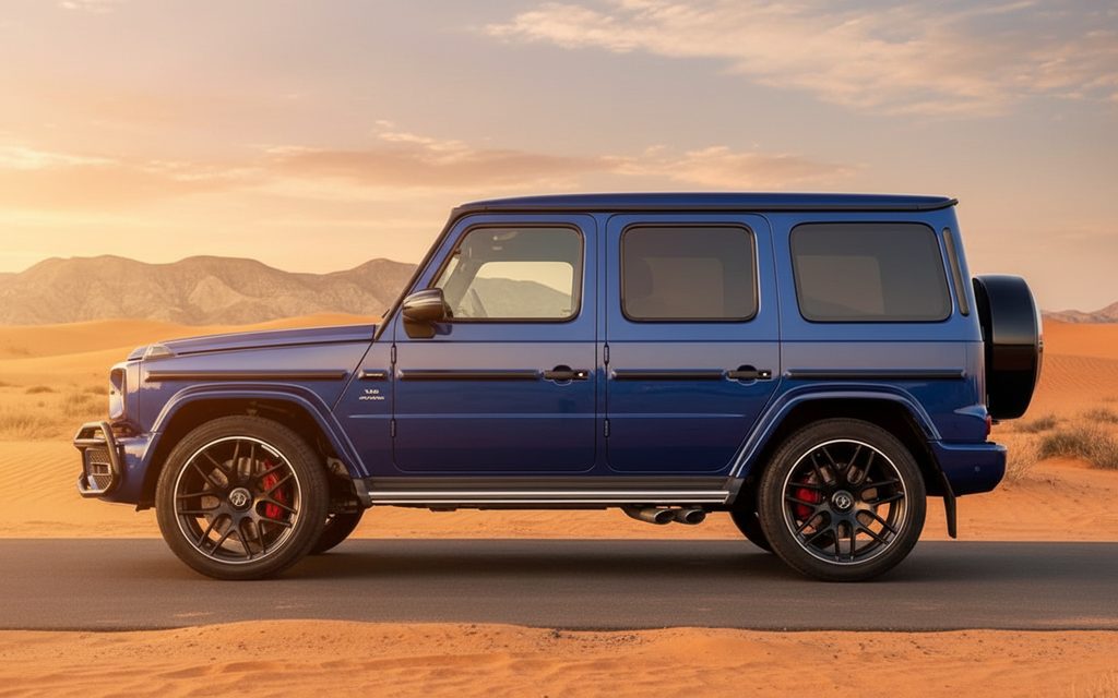 Mercedes G63 2022 Blue side profile – rental in Dubai