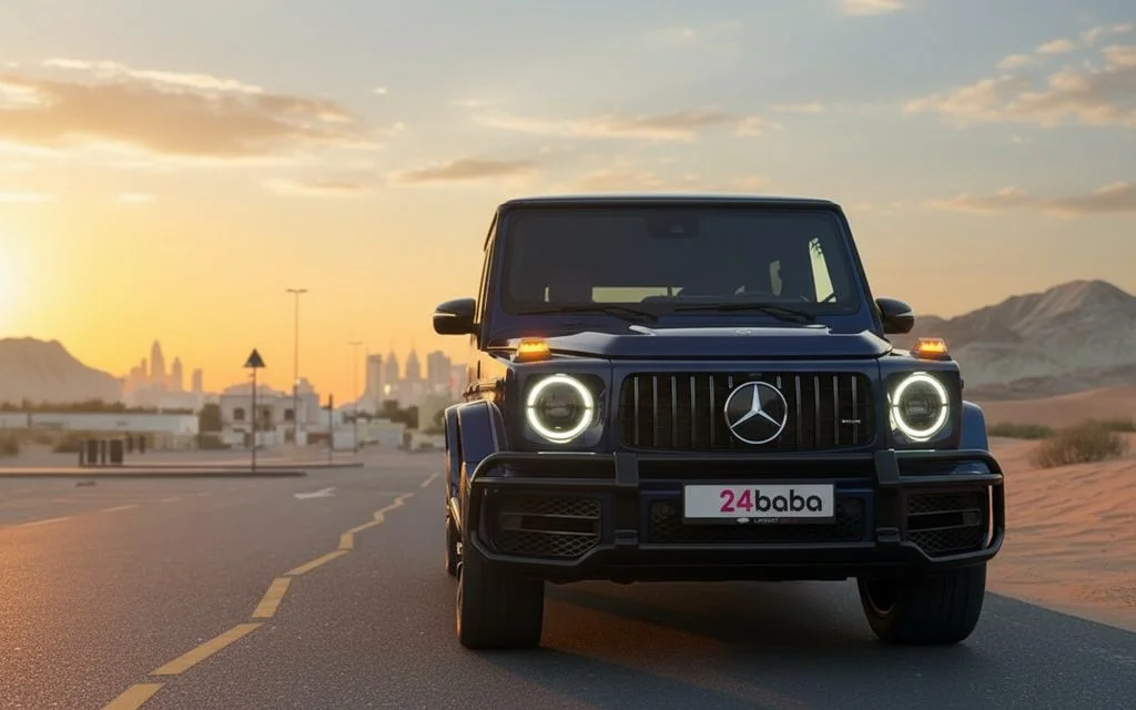 Mercedes G63 2022 Blue front view with headlights – rental in Dubai