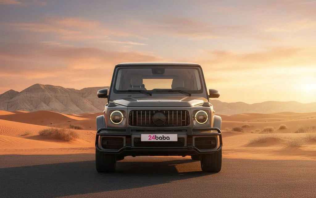 Mercedes G63 2022 Grey front view with headlights – rental in Dubai
