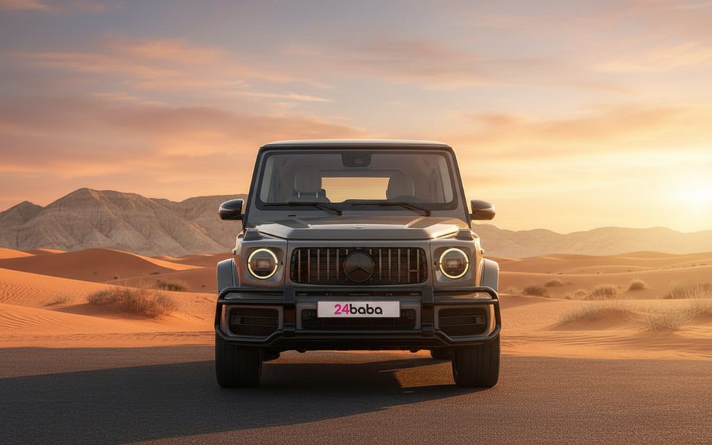 Mercedes G63 2022 Grey front view with headlights – rental in Dubai