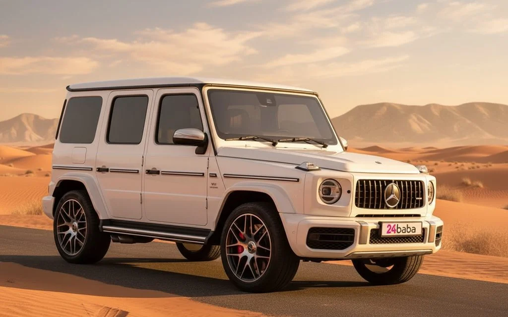 Mercedes G63 2020 White front view with headlights – rental in Dubai