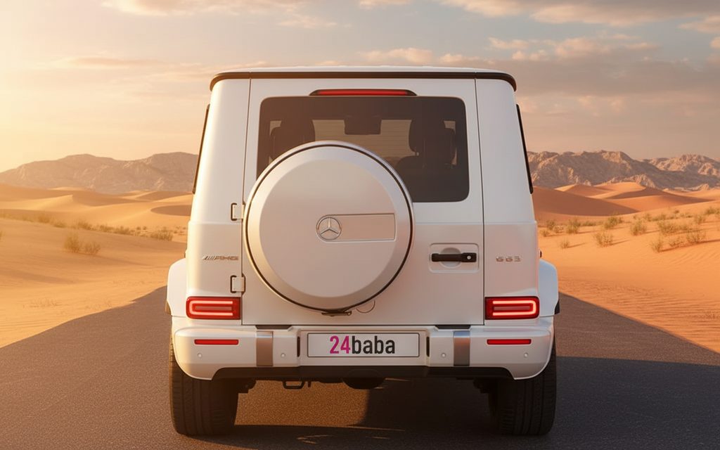 Mercedes G63 2021 White rear view showing taillights – rental in Dubai