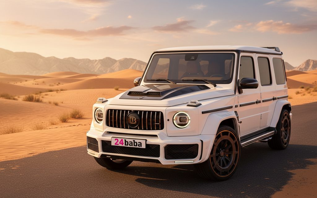 Mercedes G63 2021 White front view with headlights – rental in Dubai