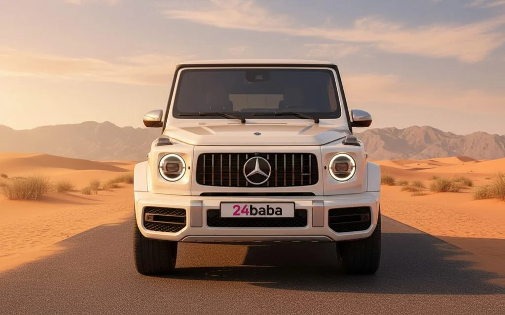 Mercedes G63 2021 White front view with headlights – rental in Dubai