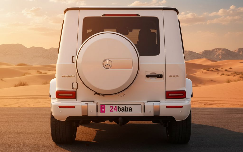 Mercedes G63 2021 White rear view showing taillights – rental in Dubai
