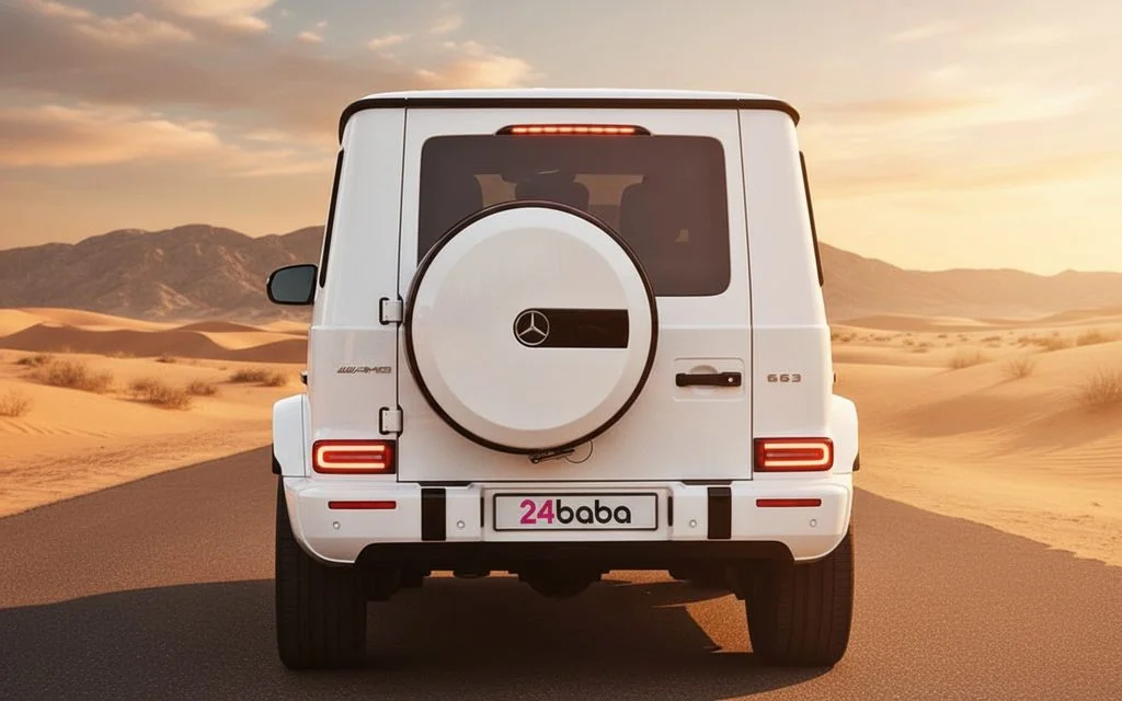 Mercedes G63 2022 White rear view showing taillights – rental in Dubai