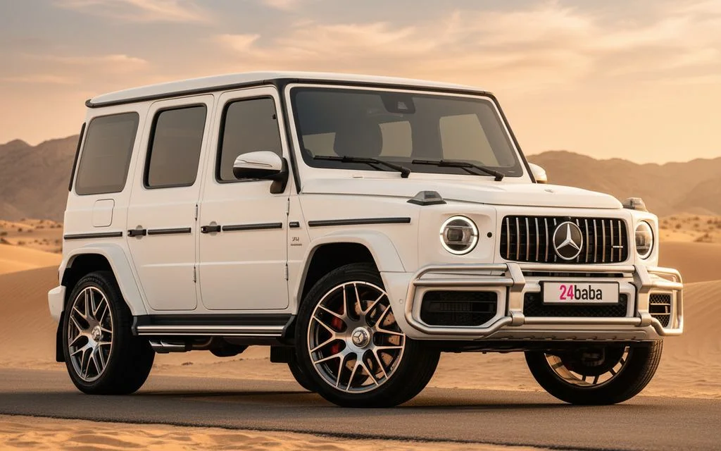 Mercedes G63 2022 White front view with headlights – rental in Dubai