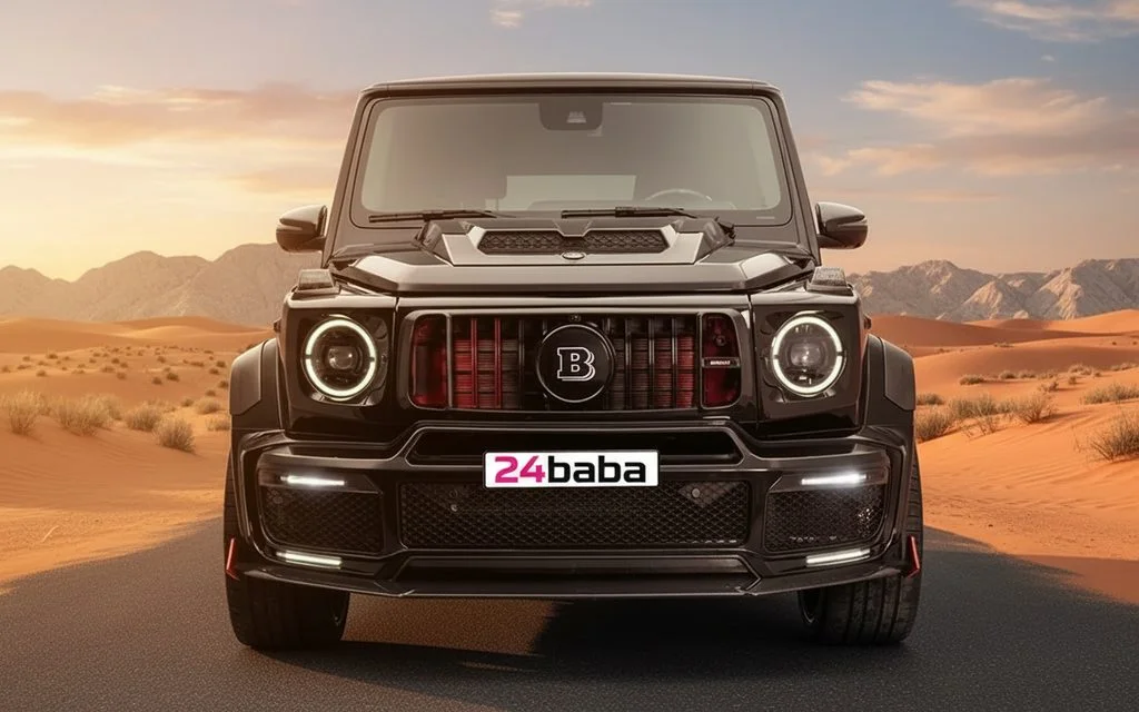 Mercedes G900 2022 Black front view with headlights – rental in Dubai