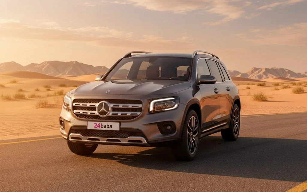 Mercedes Glb250 2021 Grey front view with headlights – rental in Dubai