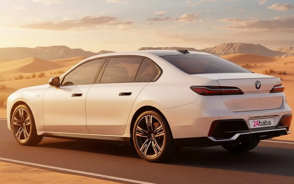 Bmw 735 2023 White rear view showing taillights – rental in Dubai