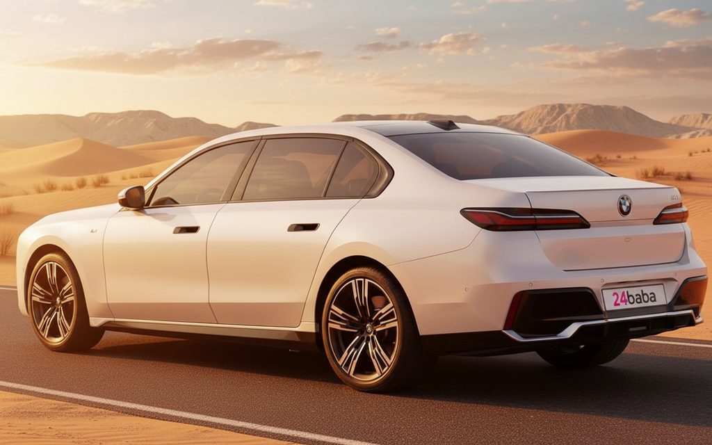 Bmw 735 2023 White rear view showing taillights – rental in Dubai