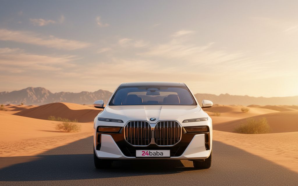 Bmw 735 2023 White front view with headlights – rental in Dubai