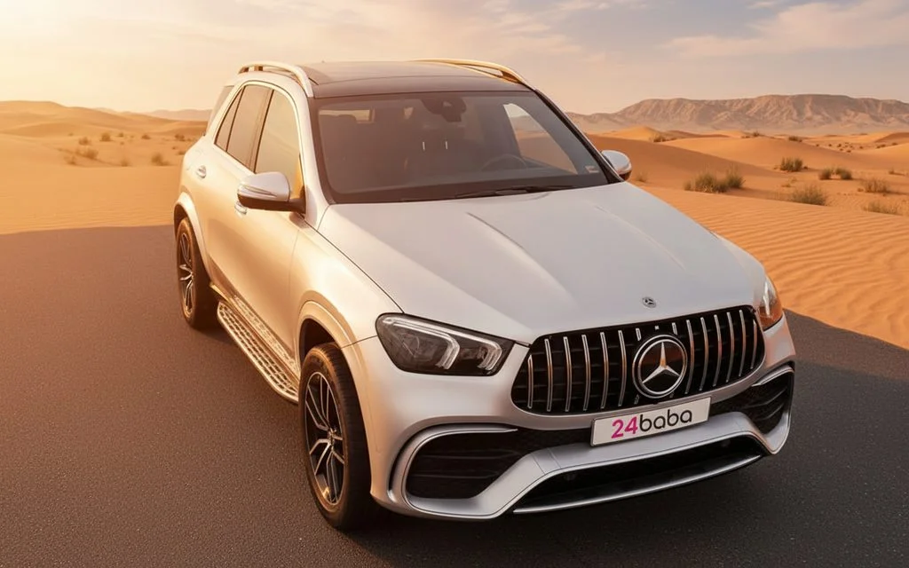 Mercedes Gle350 2021 Silver front view with headlights – rental in Dubai