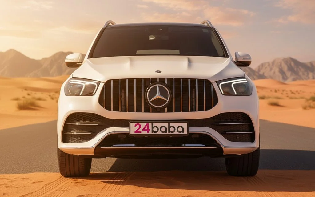 Mercedes Gle53 2023 White front view with headlights – rental in Dubai