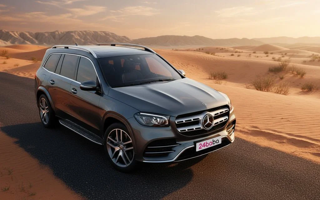 Mercedes Gls450 2021 Grey front view with headlights – rental in Dubai