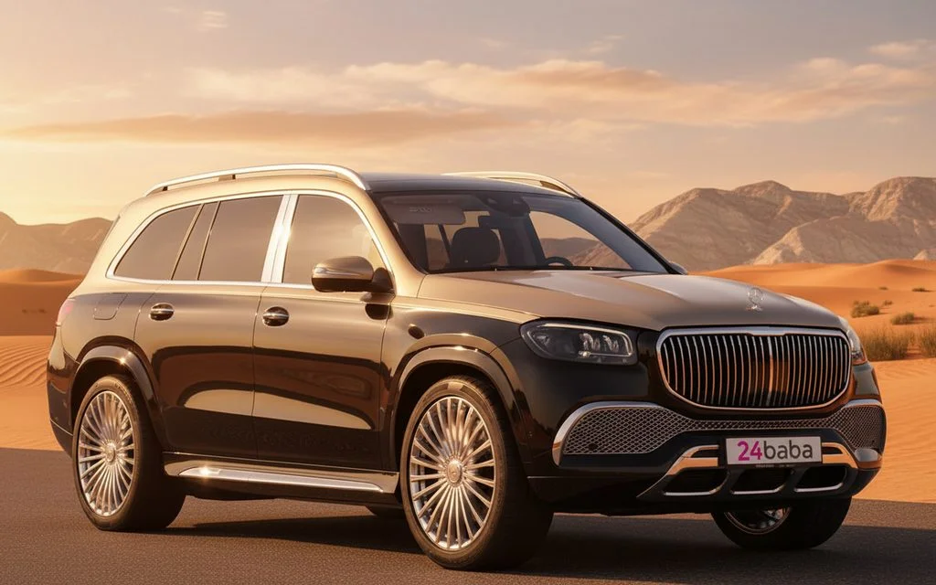 Mercedes Gls600 2022 Black front view with headlights – rental in Dubai