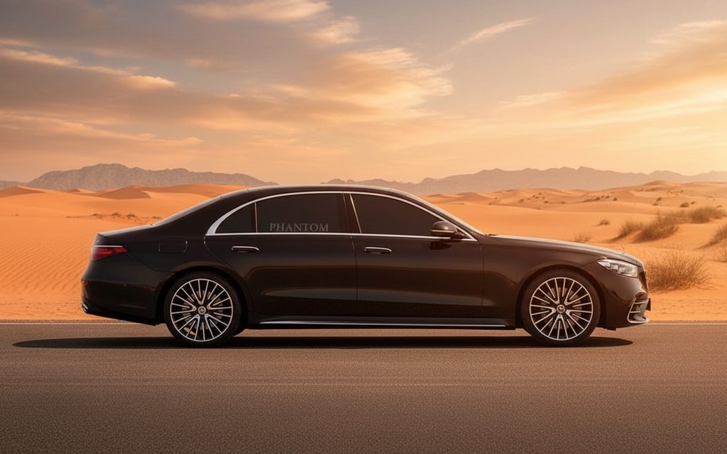 Mercedes S500 2021 Black side profile – rental in Dubai