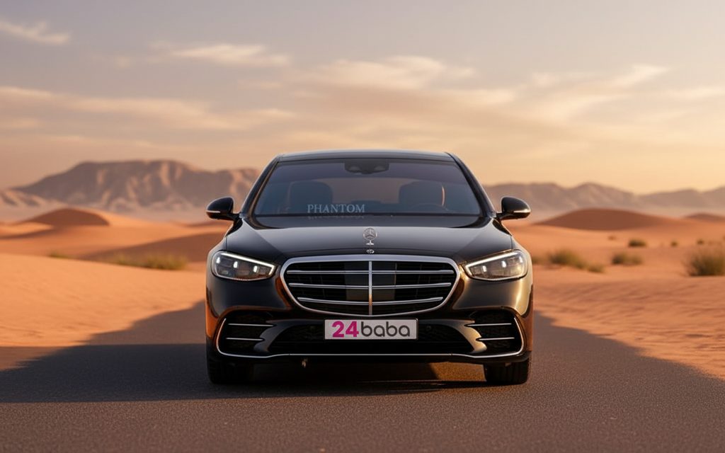 Mercedes S500 2021 Black front view with headlights – rental in Dubai