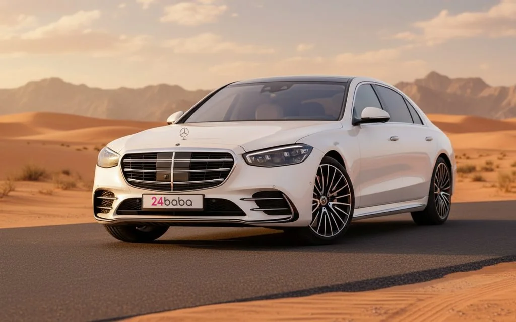Mercedes S500 2023 White front view with headlights – rental in Dubai
